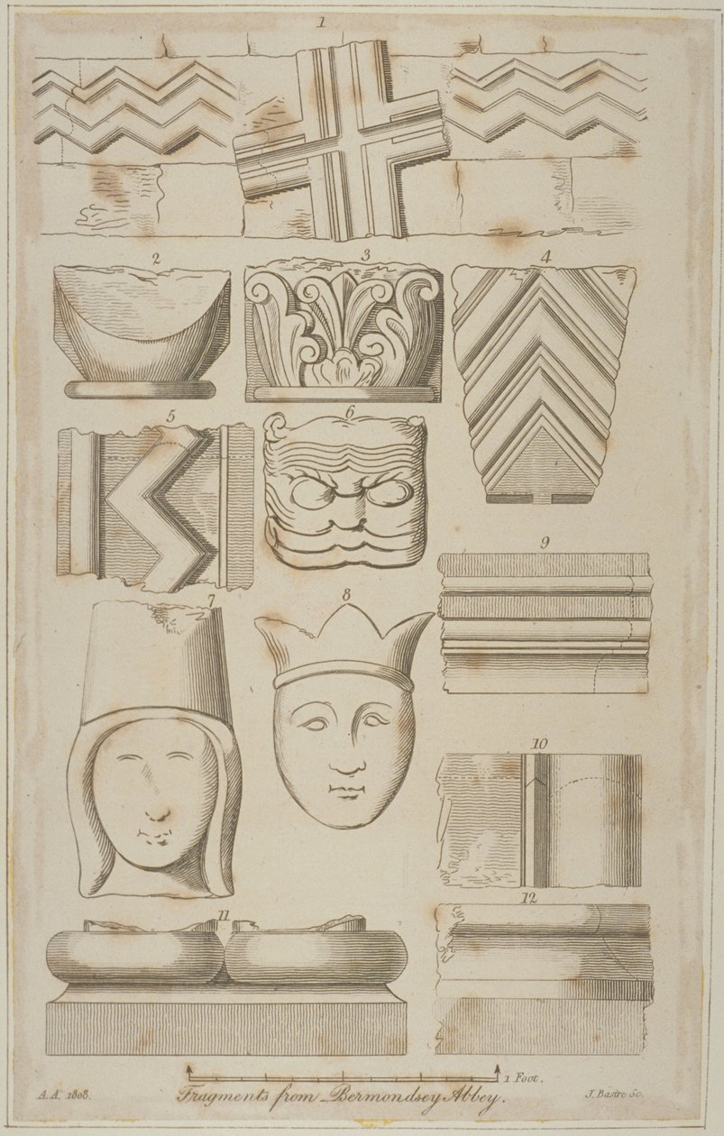 Fragmenter af stenhuggeri fra Abbey of St Saviour i Bermondsey af James Basire