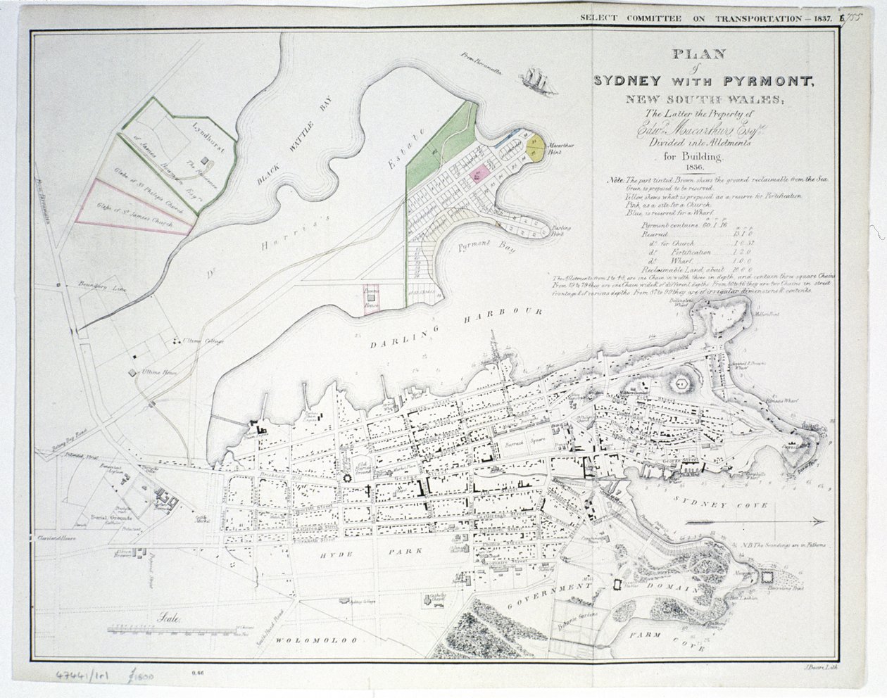 Plan af Sydney med Pyrmont, New South Wales, sidstnævnte ejendom af Edward Macarthure Esquire Divided into Allotments for Building, 1836, udgivet af James und Luke G. Hansard und Sons, London, 1837 af James Basire