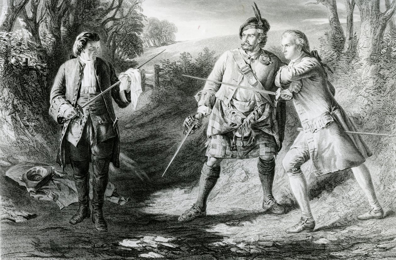 Rob Roy Parting Duellists Rashleigh og Francis Osbaldistone, graveret af John Le Conte (fl.1850-86) 1867 af James Blake McDonald