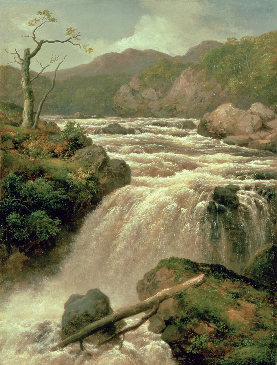 Vandfald ved floden Neath, South Wales, 1800-tallet af James Burrell Smith