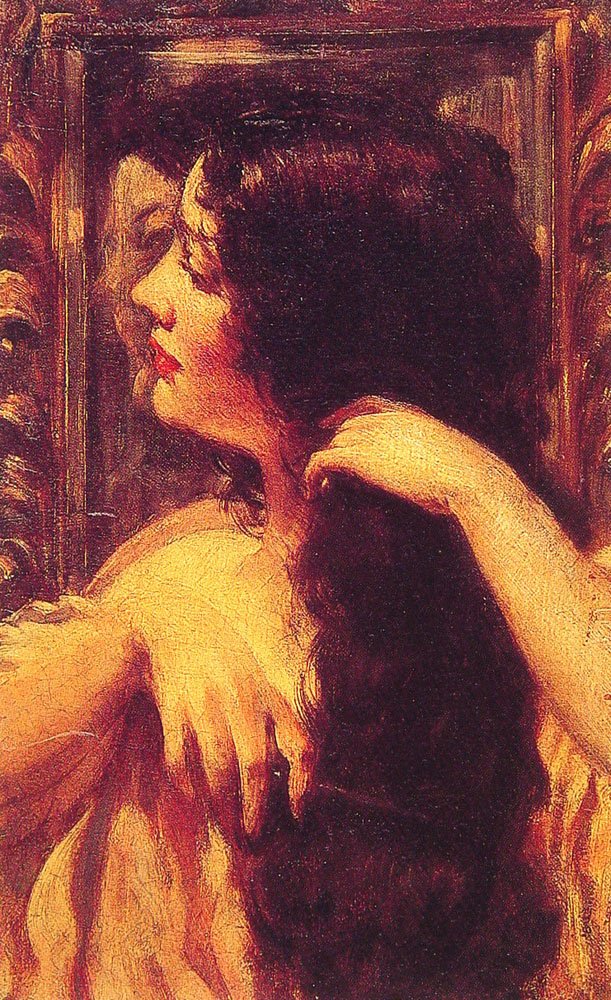 Brunette kæmmer sit hår af James Carroll Beckwith