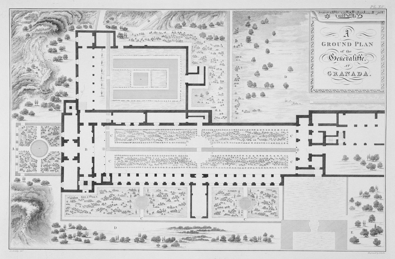 Grundplan af Generalife-haverne i Granada, fra "The Arabian Antiquities of Spain", graveret af John Roffe (1769-1850), udgivet i 1815 af James Cavanagh Murphy
