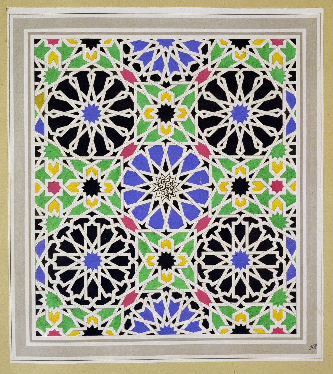 Mosaikstensbelægning i sultanens omklædningsrum, Alhambra, fra "The Arabian Antiquities of Spain", udgivet i 1815 af James Cavanagh Murphy