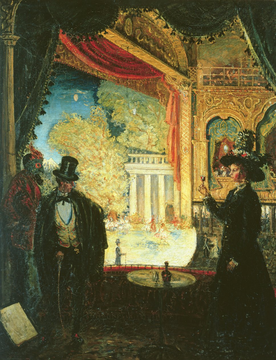 En scene i et teater: En forestilling set fra en kasse, hvori der står tre figurer, 1908 af James Dickson Innes