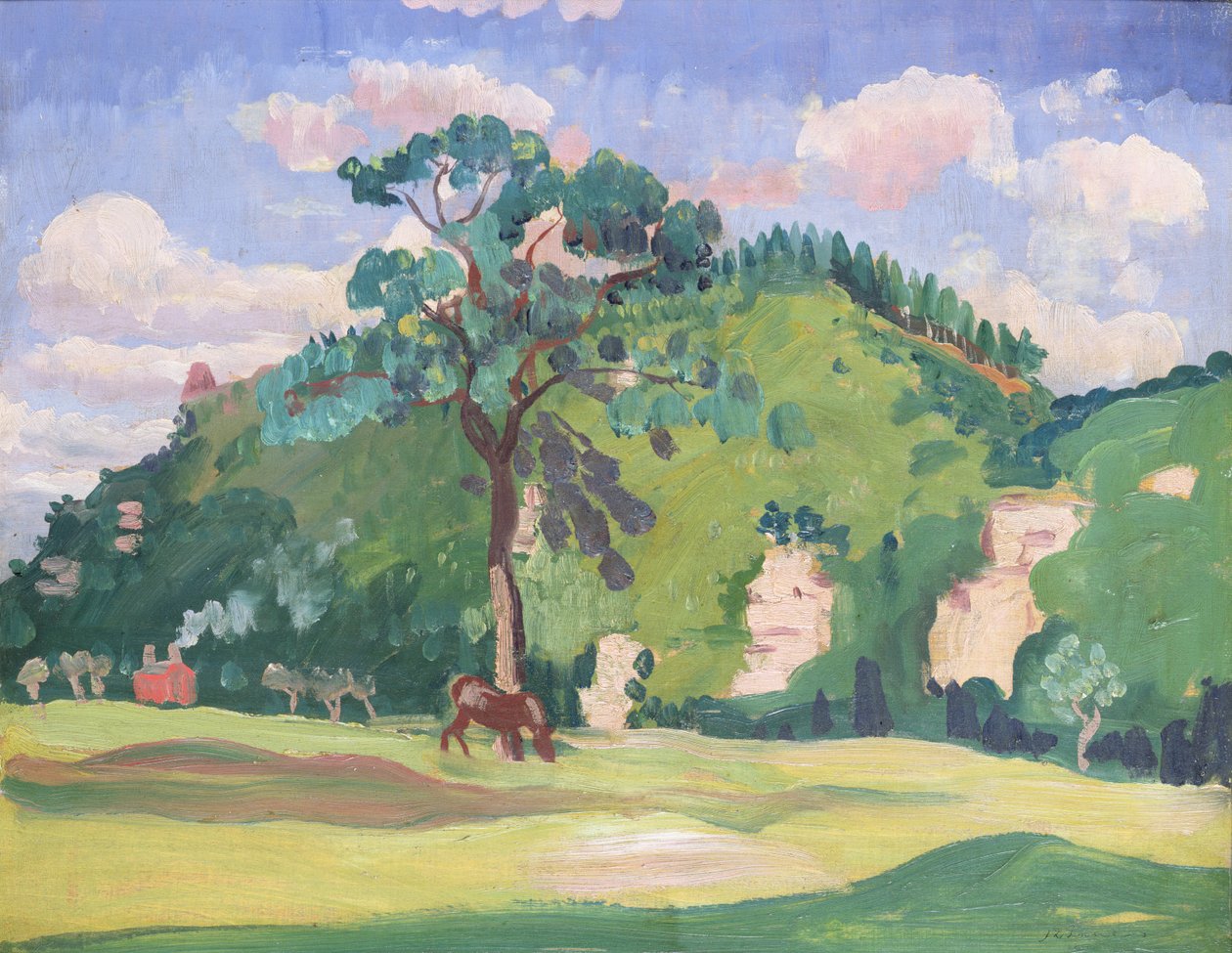 Landskab med græssende hest, 1912-13 af James Dickson Innes