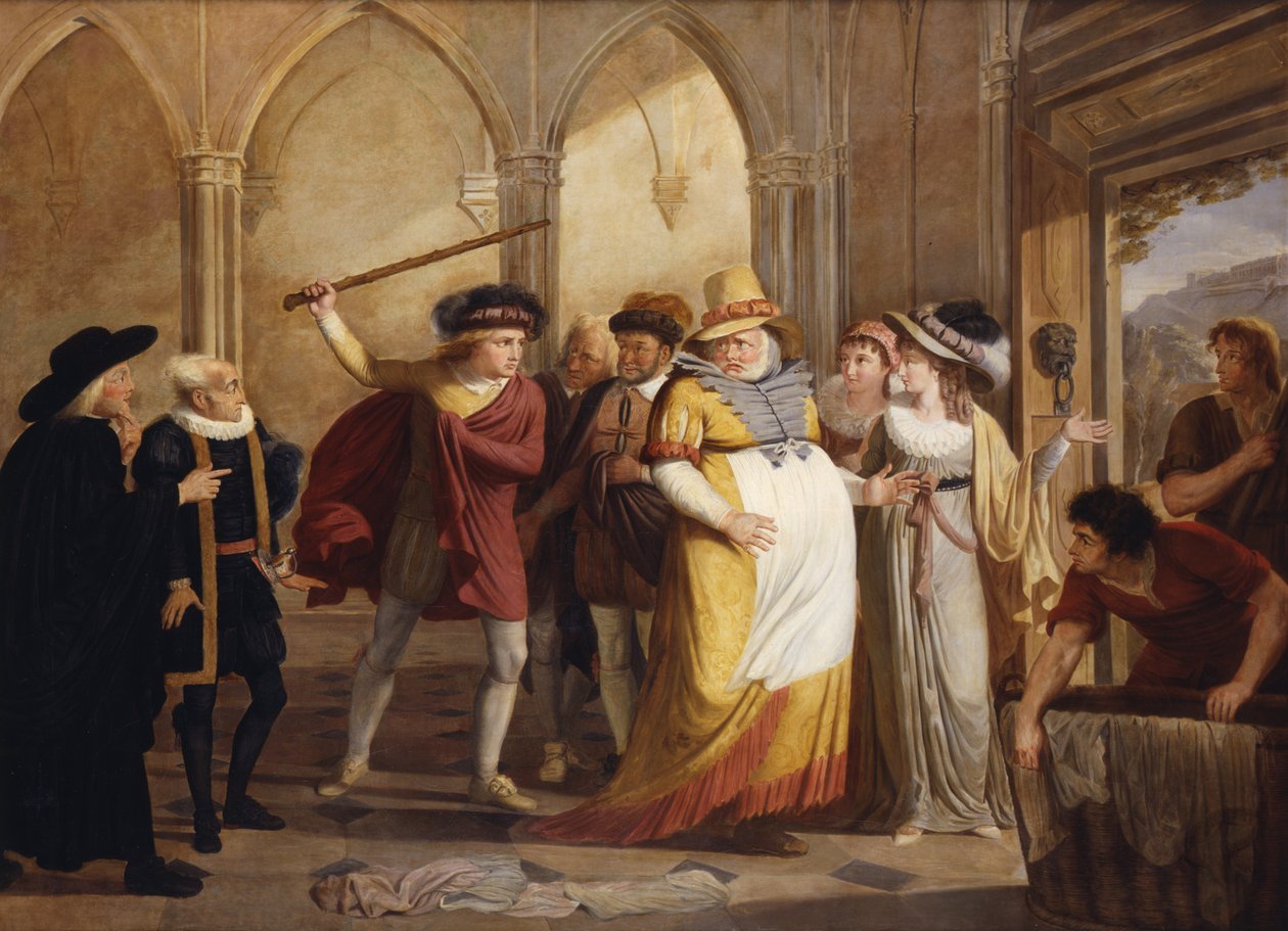 Falstaff i forklædning ført ud af Mrs Page, Akt 4, scene 2, i The Merry Wives of Windsor, af William Shakespeare (1564-1616) ca.1805 af James Durno