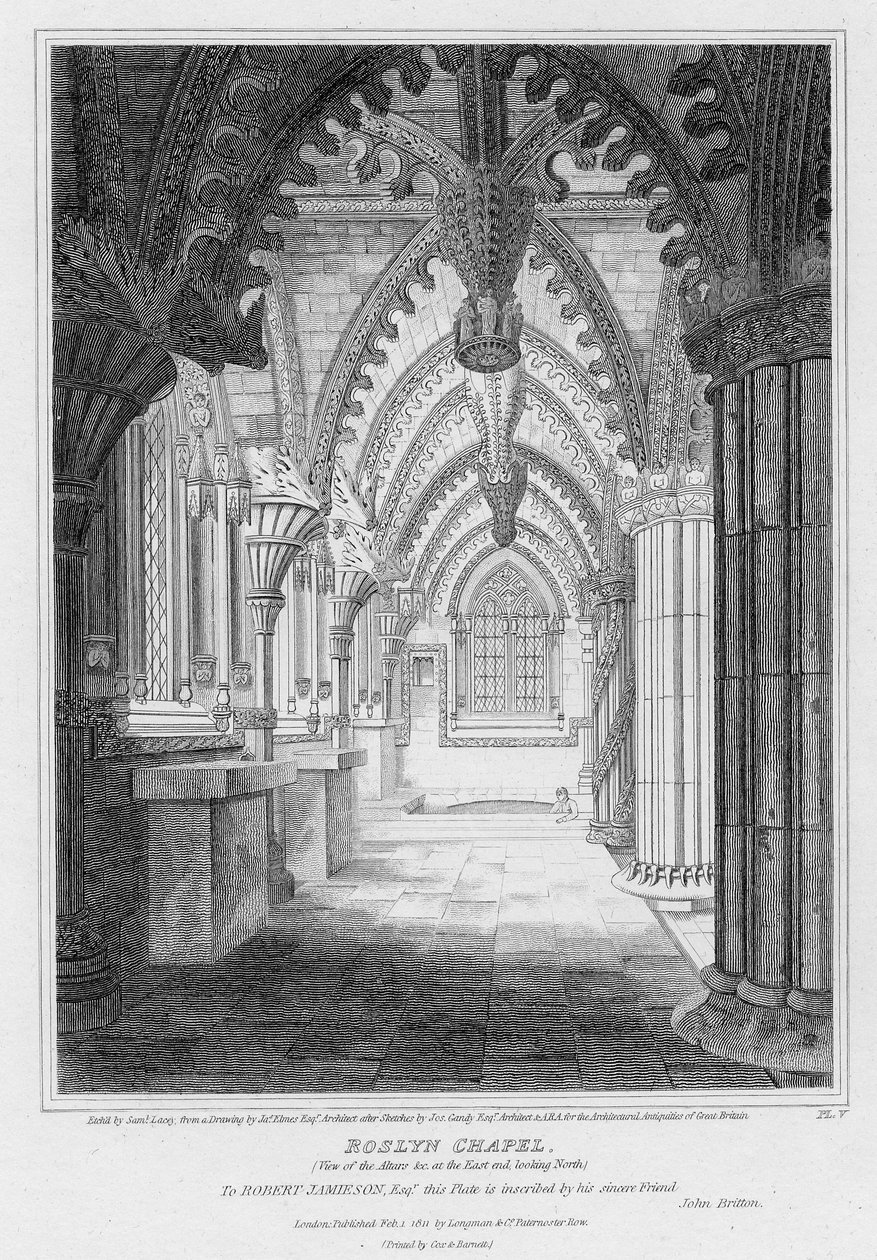 Roslyn Chapel, udsigt over altrene i den østlige ende, der ser mod nord, indgraveret af Samuel Lacey, 1811 af James Elmes