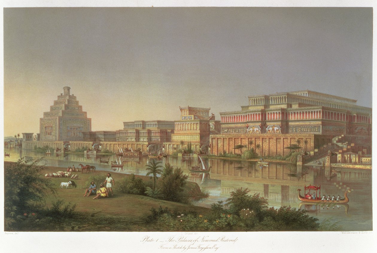 The Palaces of Nimrud Restored, en rekonstruktion af paladserne bygget af Ashurbanipal på bredden af Tigris, fra opdagelser i ruinerne af Nineve og Babylon af Austen Henry Layard (1817-94) af James Fergusson