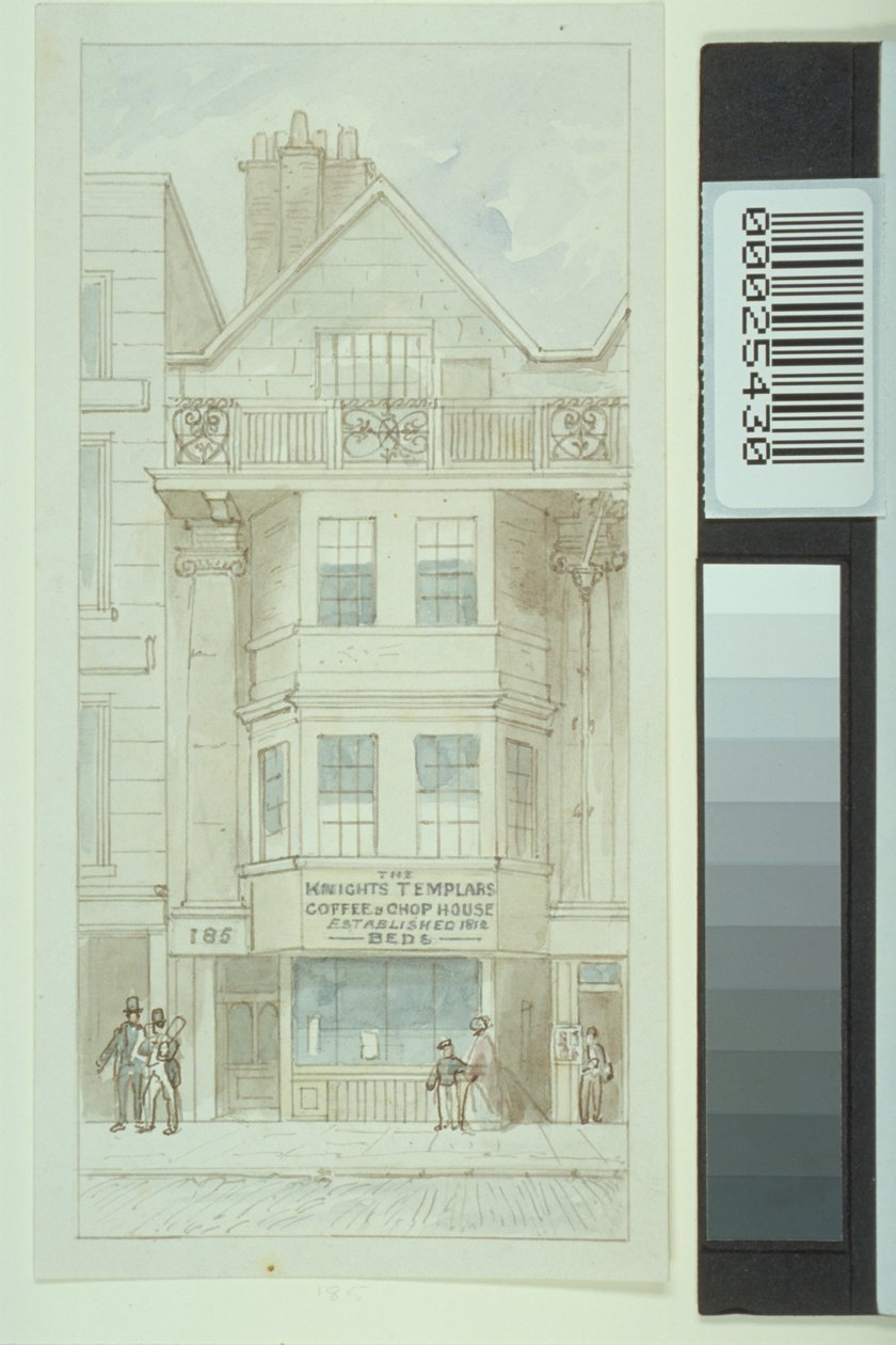 Udsigt til nr. 185 Fleet Street, med figurer, der går forbi Knights Templars Coffee and Chop House, ca. 1820 af James Findlay