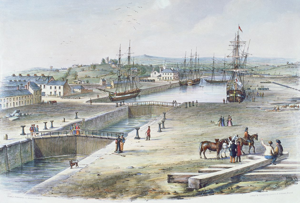 Udsigt over havnen, Newport, Monmouthshire, 1842 af James Flewitt Mullock