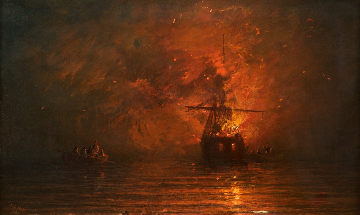 Skib i brand, 1873 af Francis Danby