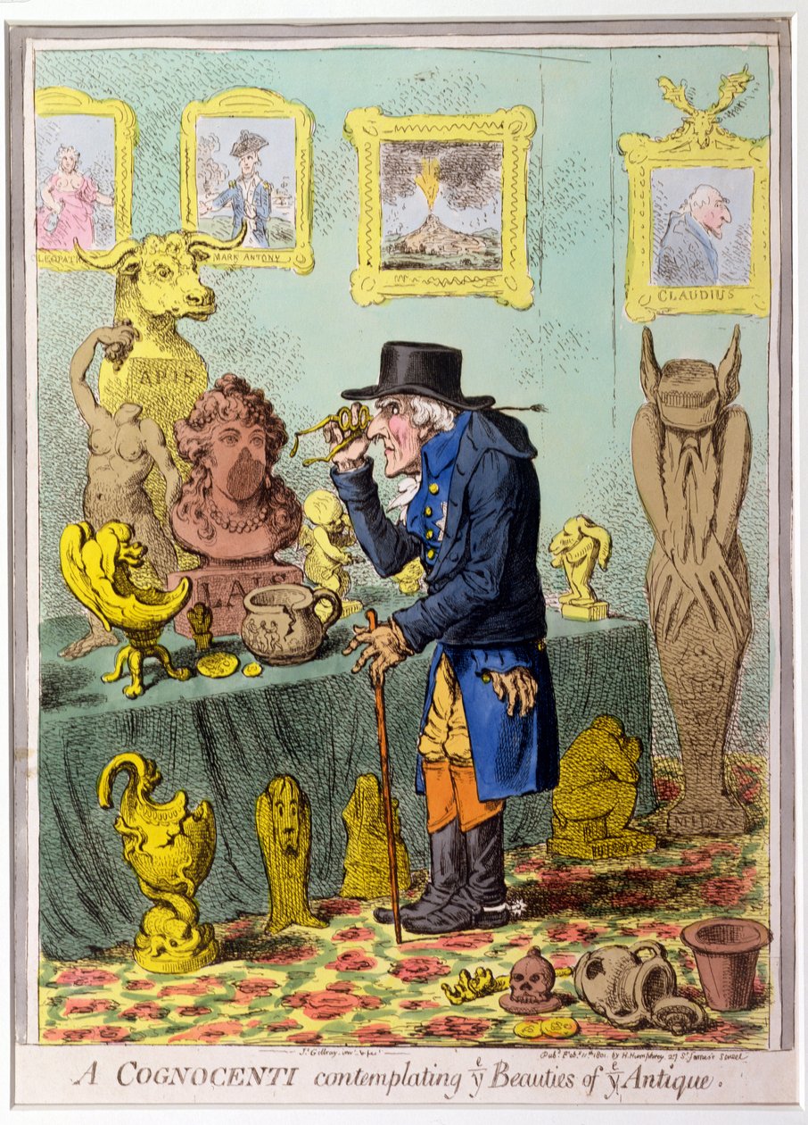 A Cognocenti Contemplating Ye Beauties of Ye Antique, udgivet af Hannah Humphrey i 1801 (håndfarvet radering) af James Gillray