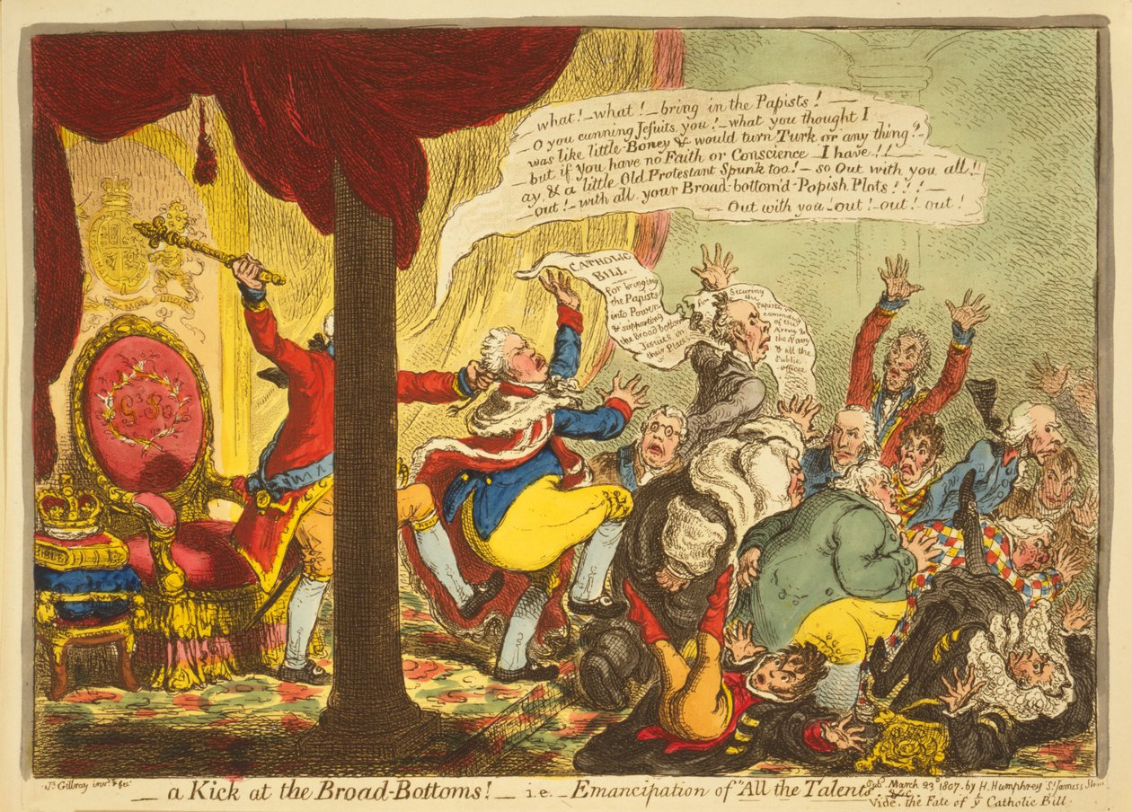 A Kick at the Broad Bottoms, dvs. Emancipation of all the Talents, pub. 1807 (håndfarvet gravering) af James Gillray