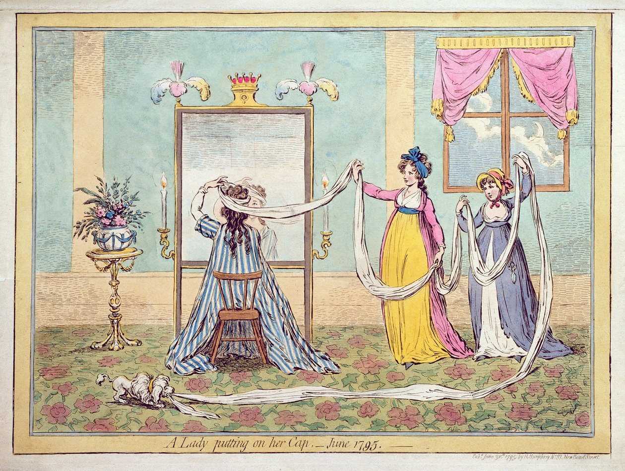 En dame tager sin hue på, udgivet i 1795 (håndkoloreret radering) af James Gillray
