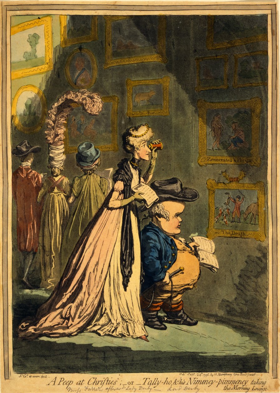 Et kig på Christies, eller Tally-ho og hans Nimeney-Pimmeney tager Morning Lounge, pub. 1796 (håndfarvet gravering) af James Gillray