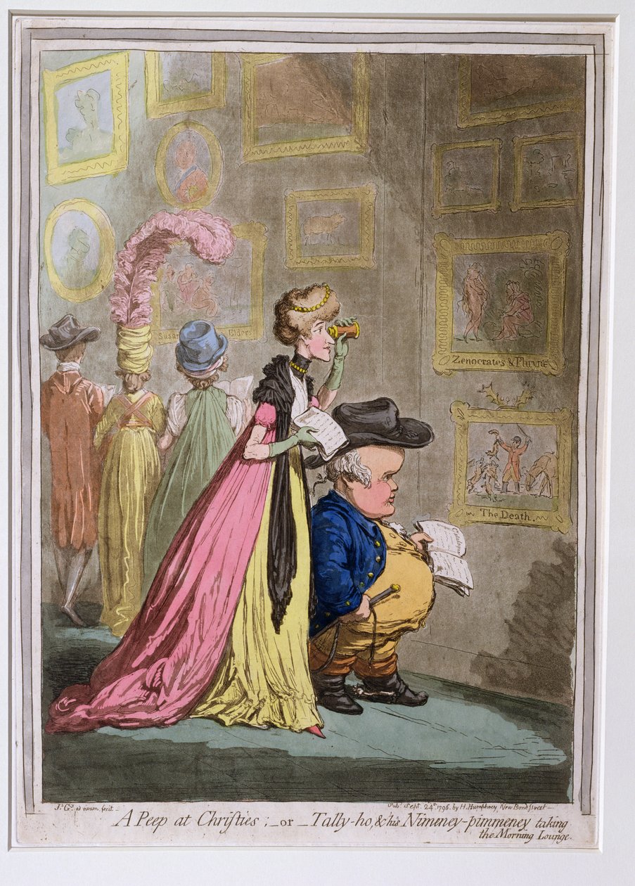A Peep at Christies, eller Tally-ho, and his Nimeney-pimmeney Taking the Morning Lounge, udgivet af Hannah Humphrey i 1796 (ætsning, gravering, aquatint og wc på papir) af James Gillray