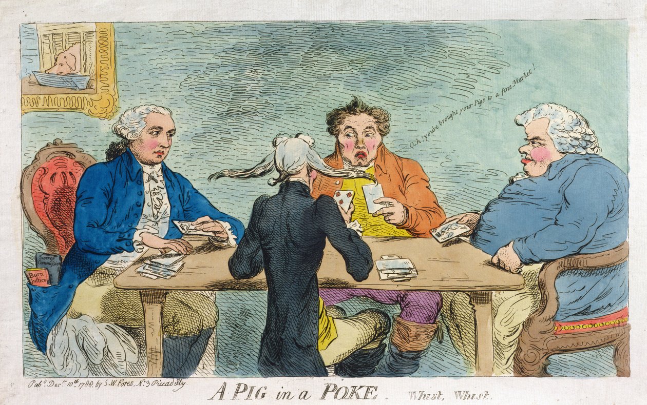 A Pig in a Poke, udgivet af S.W. Fores i 1788 (håndfarvet radering) af James Gillray