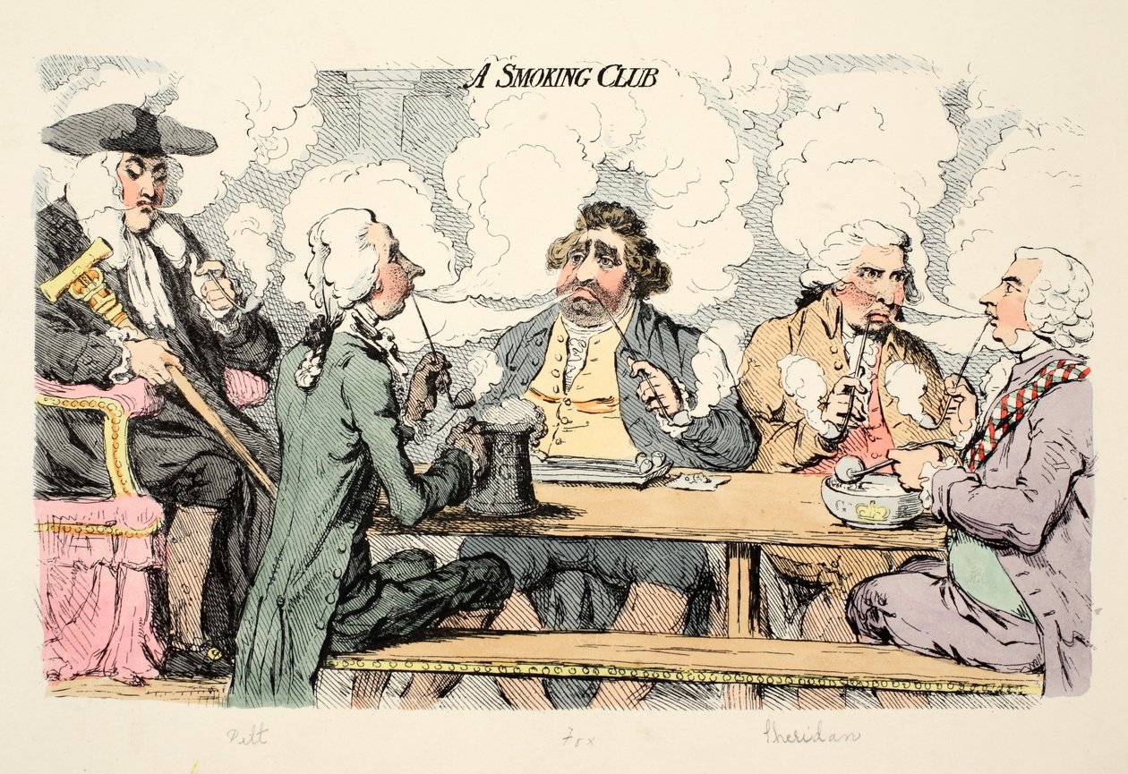 En rygeklub, pub. 1793 (håndfarvet gravering) af James Gillray