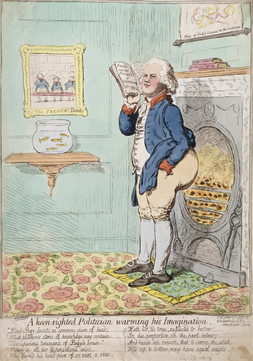 En skarpsynet politiker, der opvarmer sin fantasi, udgivet af Hannah Humphrey i 1795 (håndfarvet radering) af James Gillray