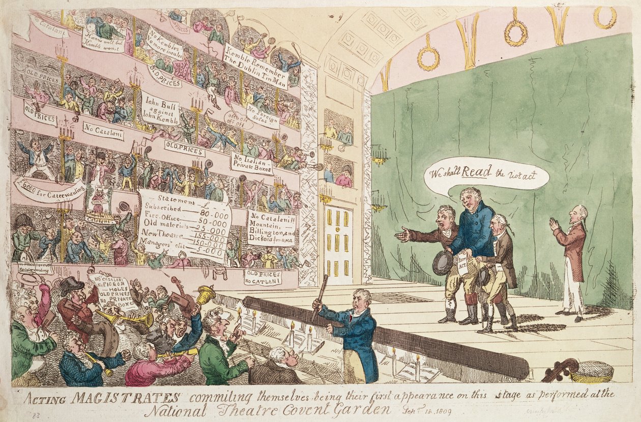 Fungerende dommere forpligter sig, idet de er deres første optræden som opført på National Theatre Covent Garden, London, 1809 (farvegravering) af James Gillray
