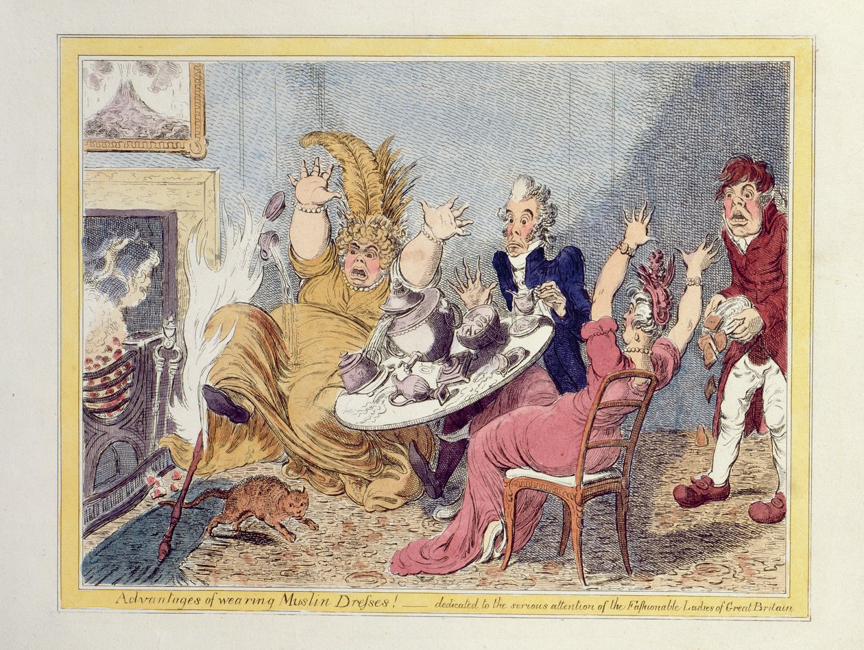 Fordele ved at bære muslinkjoler! Dedikeret til seriøs opmærksomhed fra de fashionable damer i Storbritannien, pub. af John Miller og W. Blackwood af James Gillray