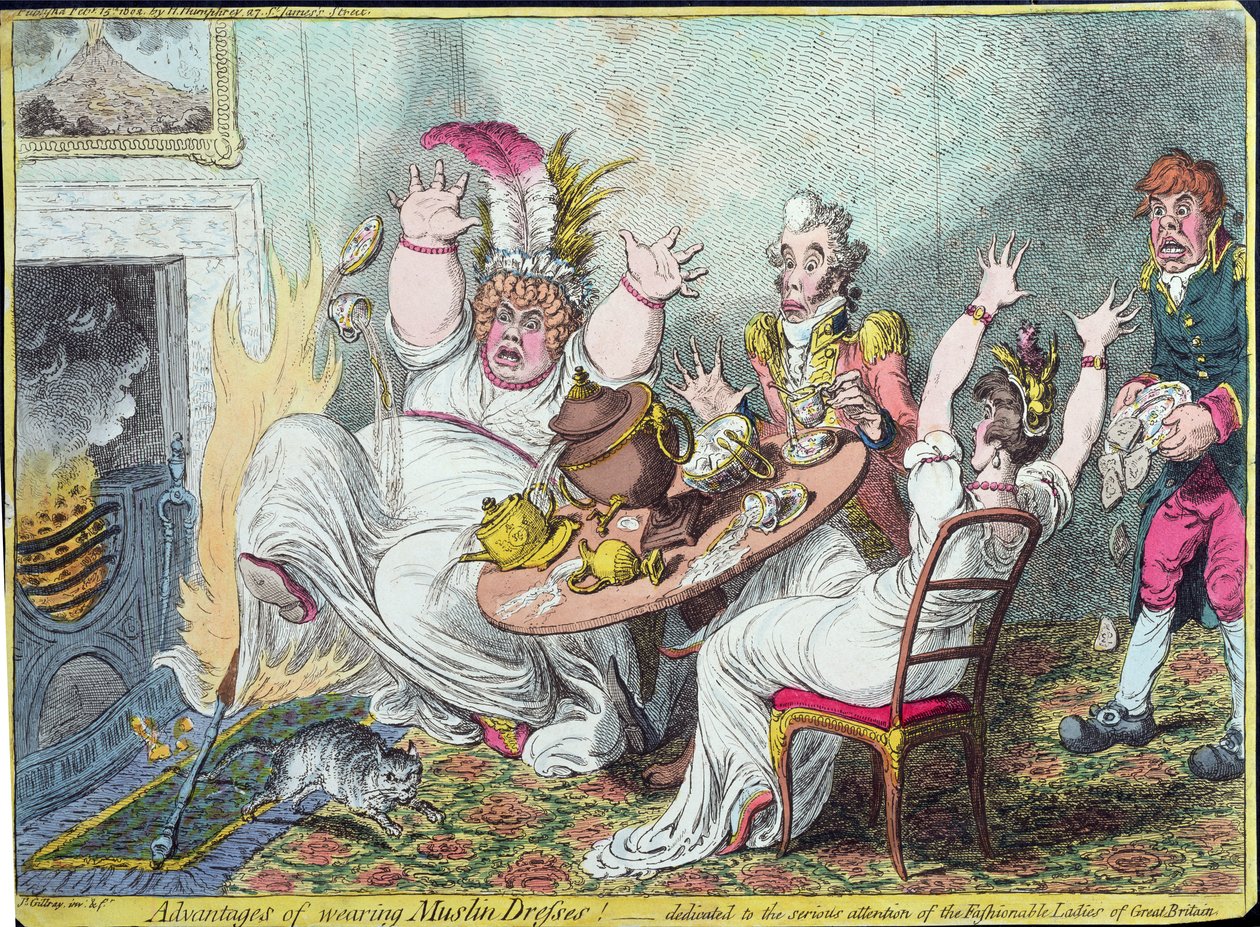 Fordele ved at bære muslinkjoler! dedikeret til den seriøse opmærksomhed fra de fashionable damer i Storbritannien, udgivet af Hannah Humphrey, 1802 (håndfarvet gravering) af James Gillray