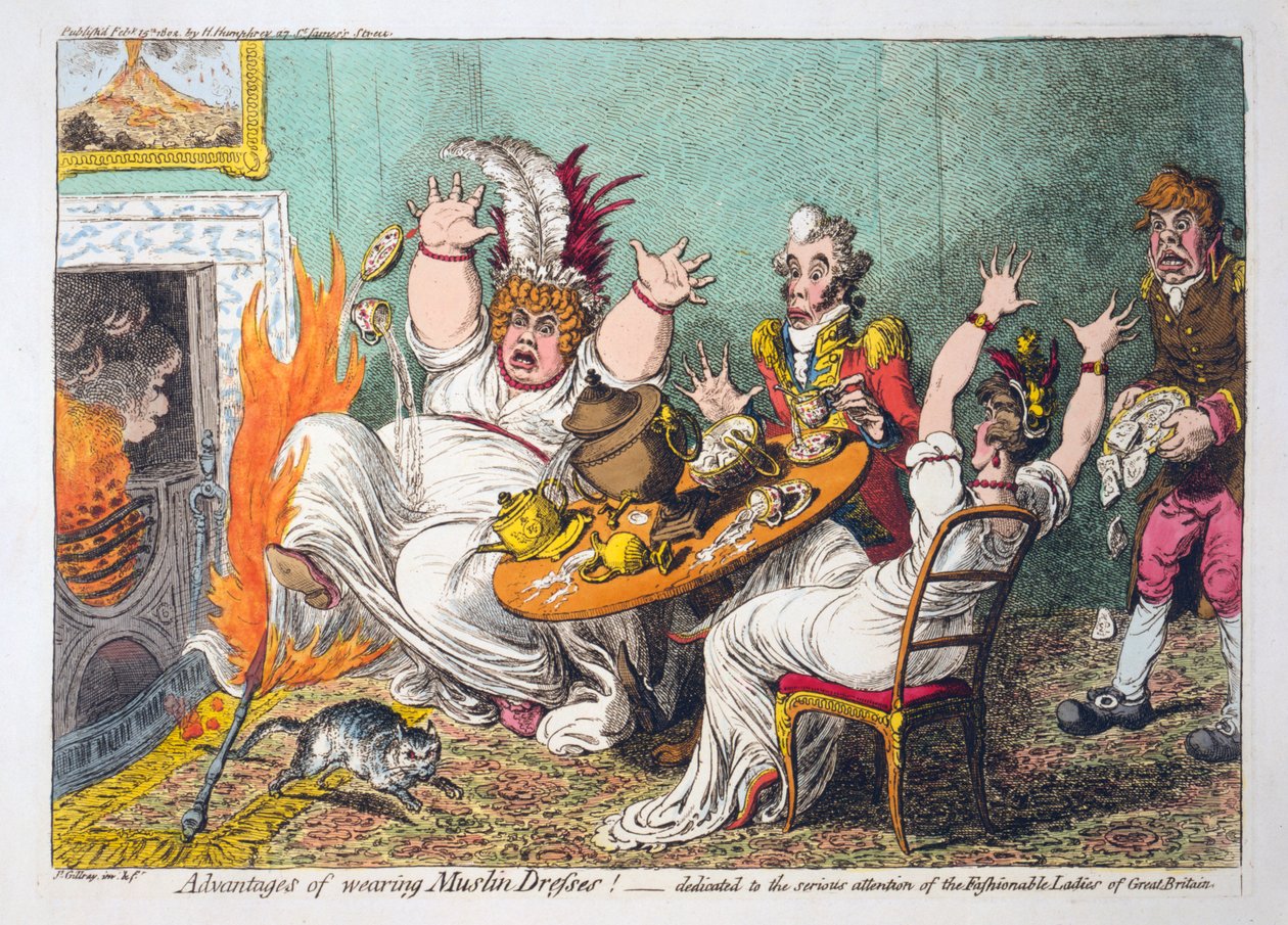 Fordelene ved at bære musselin kjoler! dedikeret til den seriøse opmærksomhed af de fashionable damer i Storbritannien, pub. 1802 (håndkoloreret gravering) af James Gillray