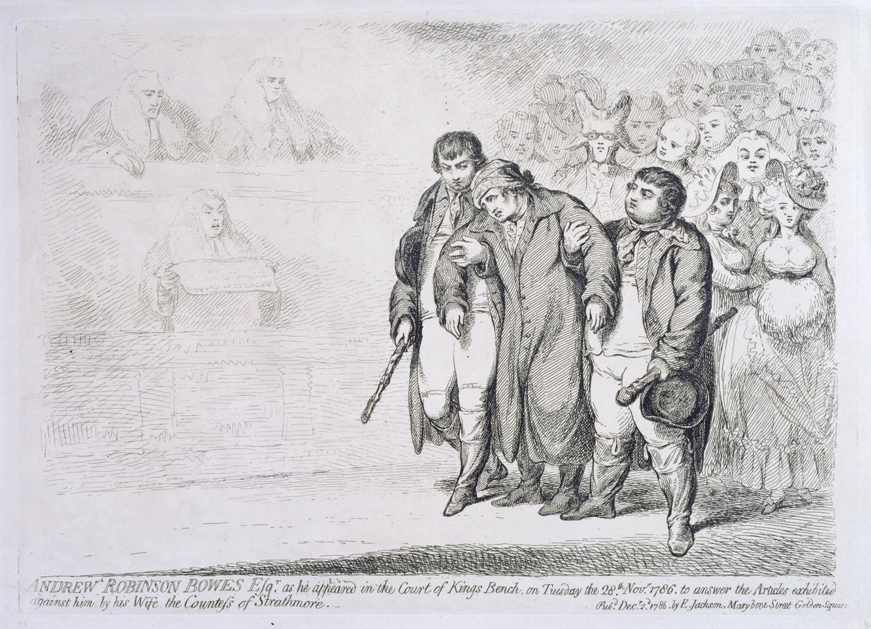 Andrew Robinson Bowes Esq. da han mødte op i Retten til Kongebænken tirsdag den 28. november 1786 for at besvare de artikler, som hans hustru, grevinden af Strathmore udstillede imod ham, udgivet. af James Gillray