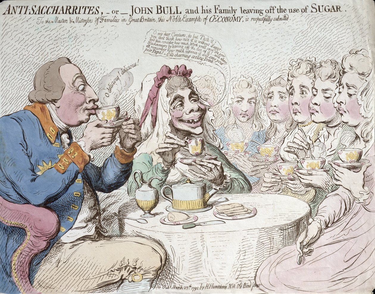 Anti-Saccharites, eller John Bull og hans familie forlader brugen af sukker, udgivet af Hannah Humphrey i 1792 (håndfarvet radering) af James Gillray