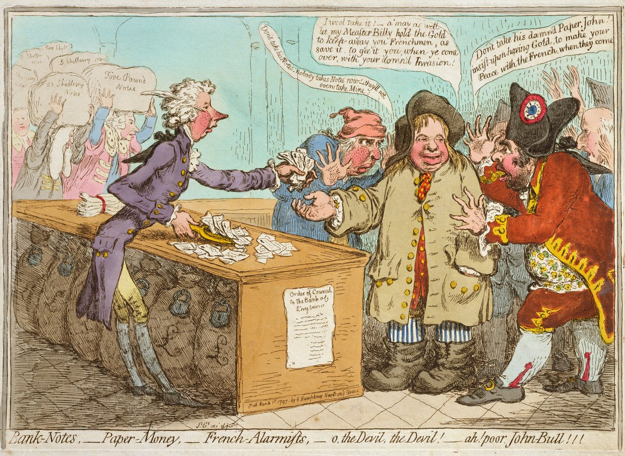 Banksedler - Papirpenge - Franske Alarmister - ah! stakkels John Bull! udgivet af Hannah Humphrey i 1797 (håndfarvet radering) af James Gillray