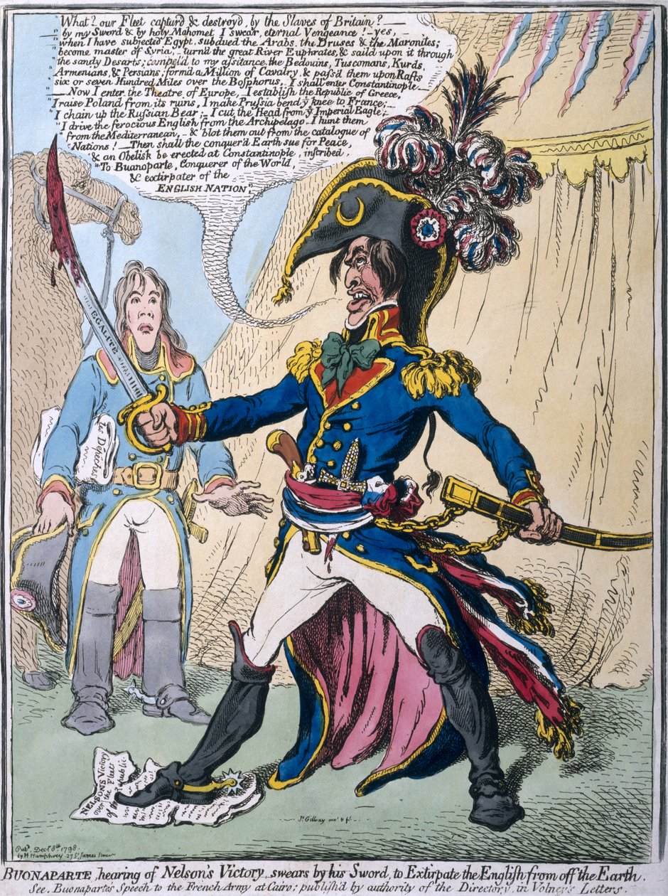 Buonaparte, der hører om Nelsons sejr, sværger ved hans sværd at udrydde englænderne fra jorden, udgivet af Hannah Humphrey i 1798 (håndfarvet radering) af James Gillray