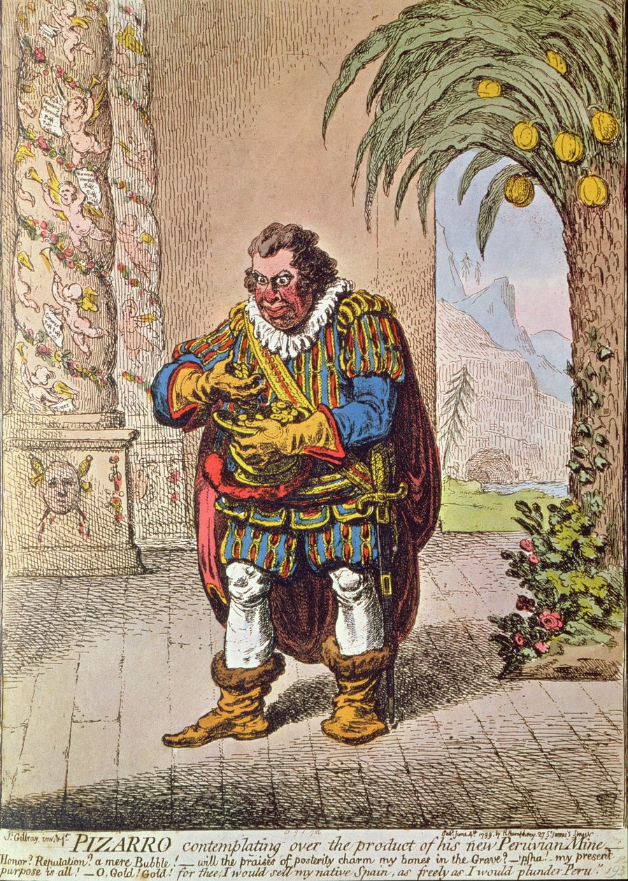 Karikatur af Pizarro, der overvejer produktet af sin nye peruvianske mine af James Gillray