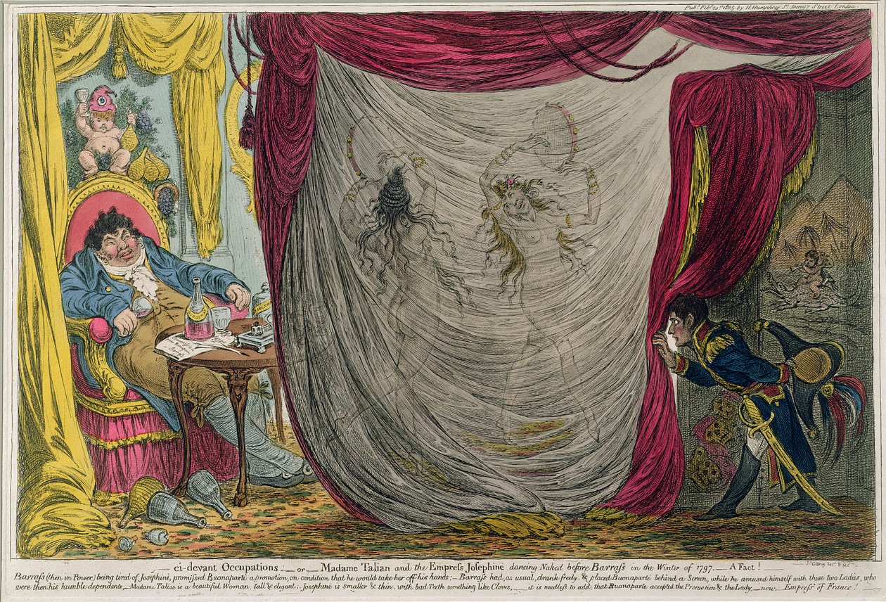 Ci-devant Occupations, or Madame Talian and the Empress Josephine Dancing Naked before Barrass in the Winter of 1797, udgivet af Hannah Humphrey i 1805 (radering med akvatint) af James Gillray