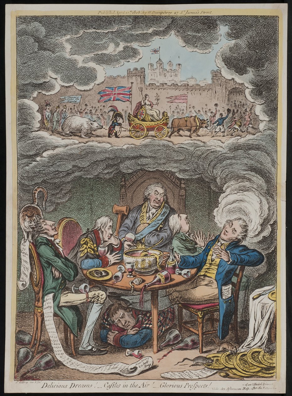 Lækre drømme! Slotte i luften! Herlige udsigter! vide En eftermiddagslur efter en træt middag efter en officiel middag af James Gillray