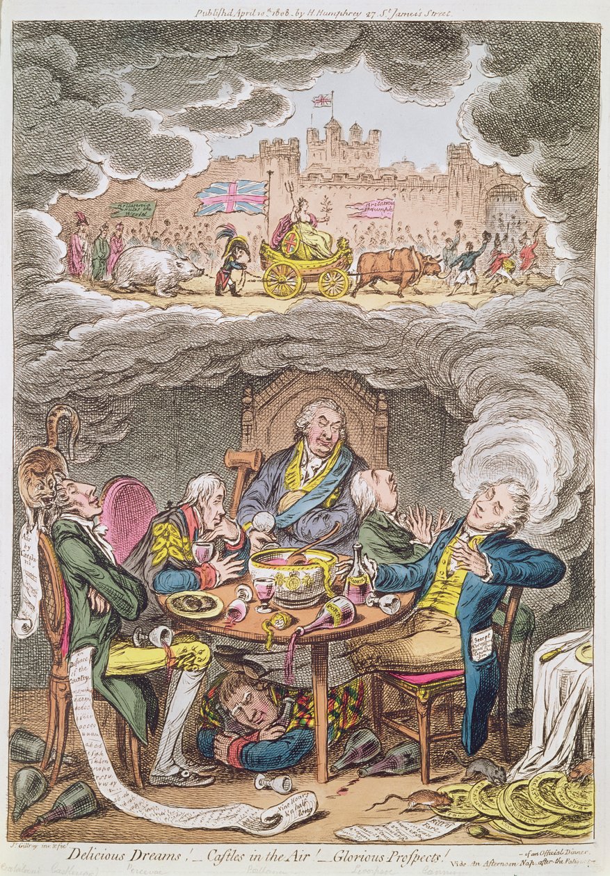 Lækre drømme! Luftslotte! Herlige udsigter! vide En eftermiddagslur efter trætheden af en officiel middag, tegneserie af Lord Portland og hans ministre, 1808 af James Gillray