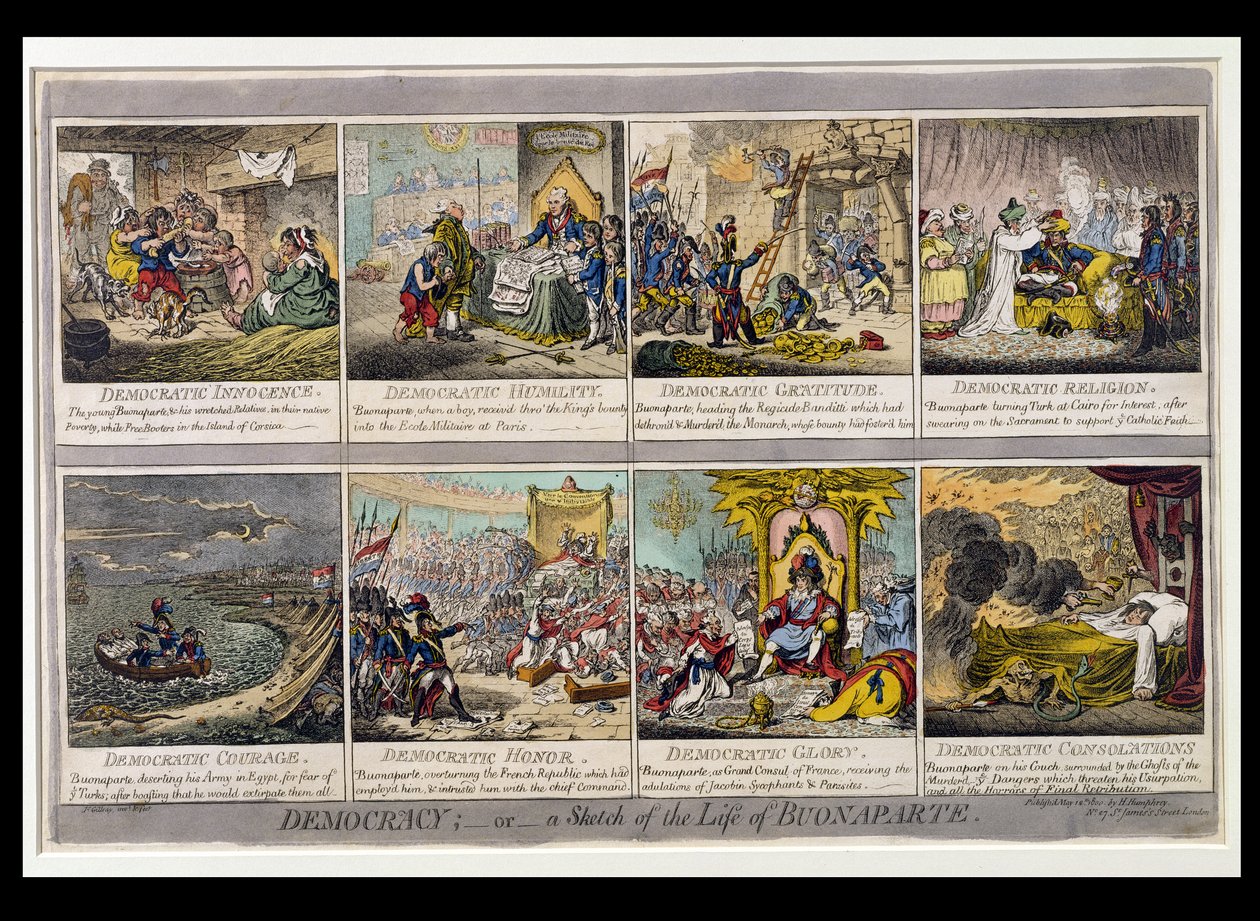 Democracy, or a sketch of the life of Buonaparte, udgivet af Hannah Humphrey i 1800 (håndfarvet radering) af James Gillray