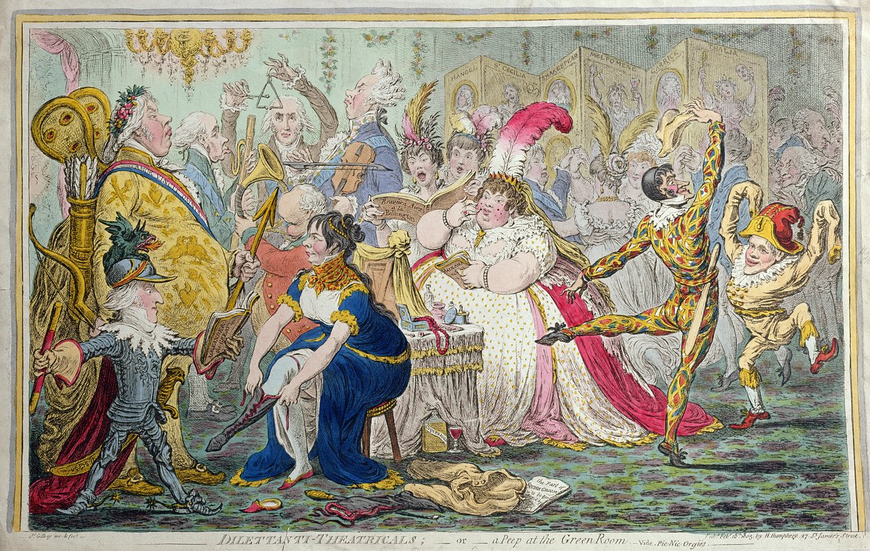 Dilettanti Theatricals, eller A Peep at the Green Room, udgivet af Hannah Humphrey i 1803 (håndfarvet radering) af James Gillray