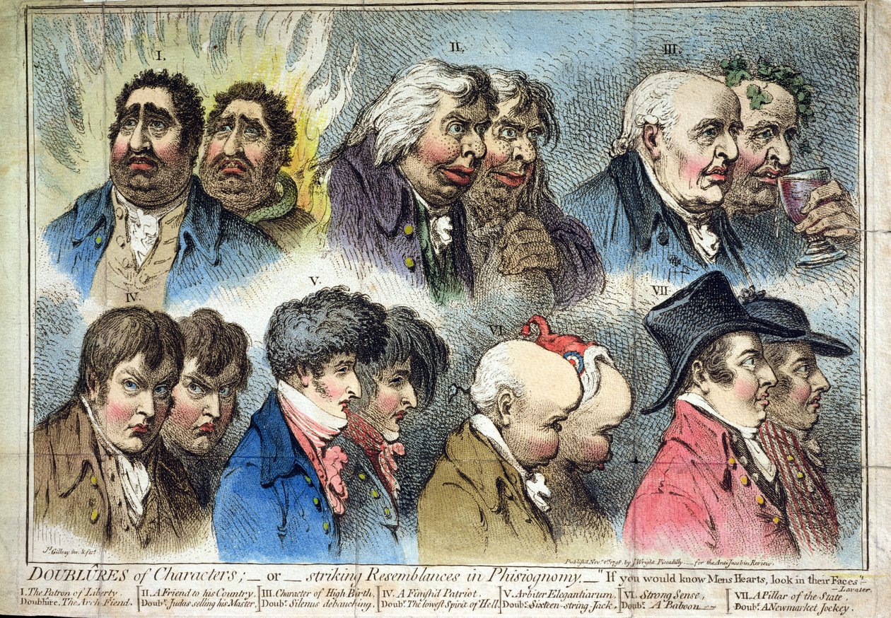 Doublures of Characters, or Striking Resemblances in Phisiognomy, udgivet af J. Wright i 1798 (håndkoloreret radering) af James Gillray