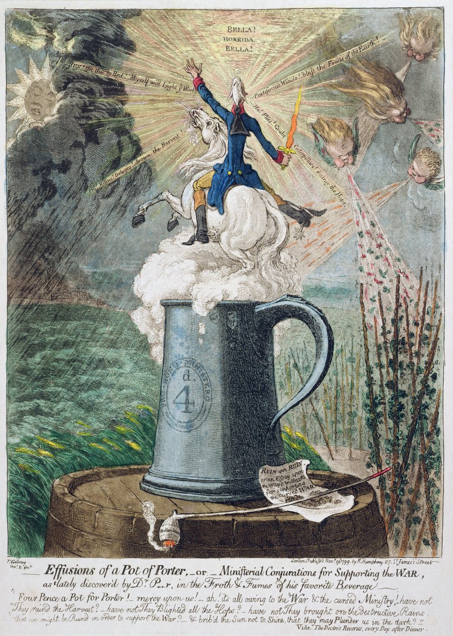 Effusions of a Pot of Porter, or Ministerial Conjurations for Supporting the War, udgivet af Hannah Humphrey i 1799 (håndfarvet radering) af James Gillray