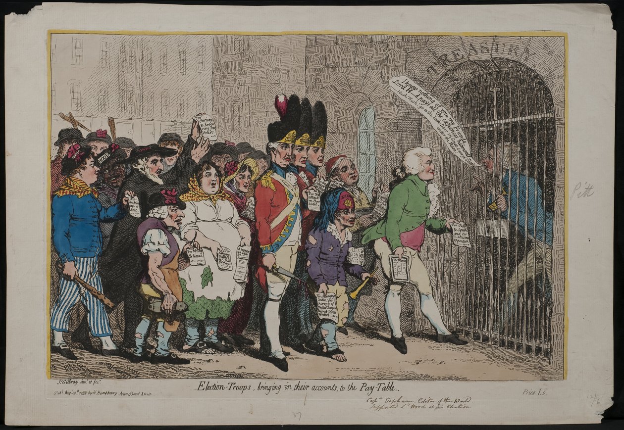Valgtropper, der afleverer deres regnskaber til lønningsbordet, 1788 af James Gillray