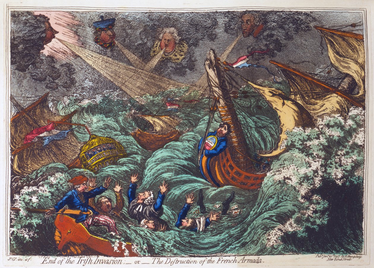 Slut på den irske invasion eller ødelæggelsen af den franske armada, pub. Hannah Humphrey, 20. januar 1797 (håndfarvet gravering) af James Gillray