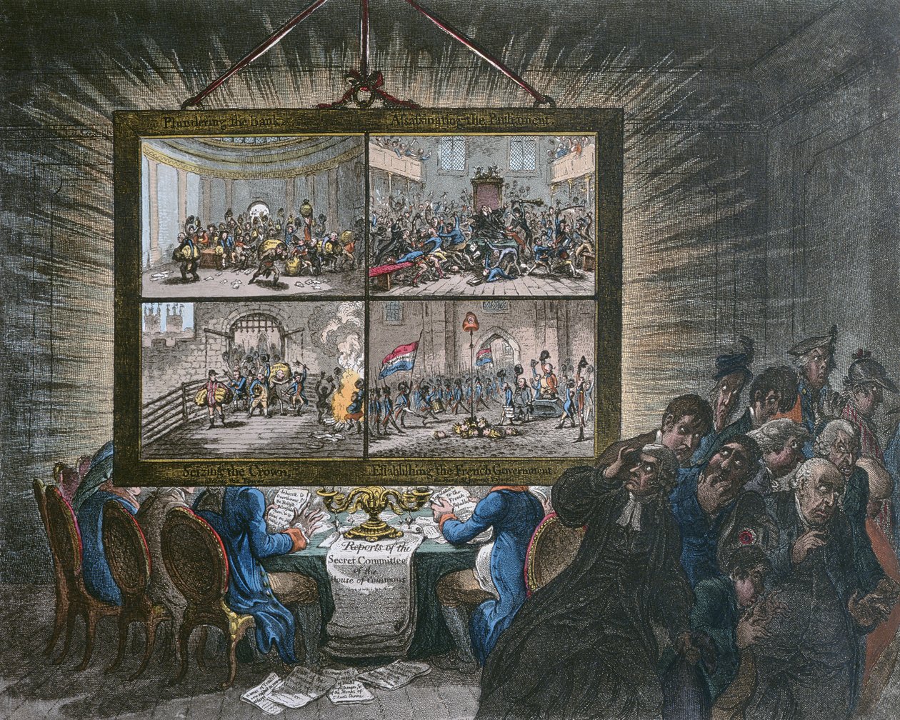 Exhibition of a Democratic-Transparency, with its Effect upon Patriotic Feelings, udgivet af Hannah Humphrey i 1799 (håndkoloreret radering med akvatint) af James Gillray