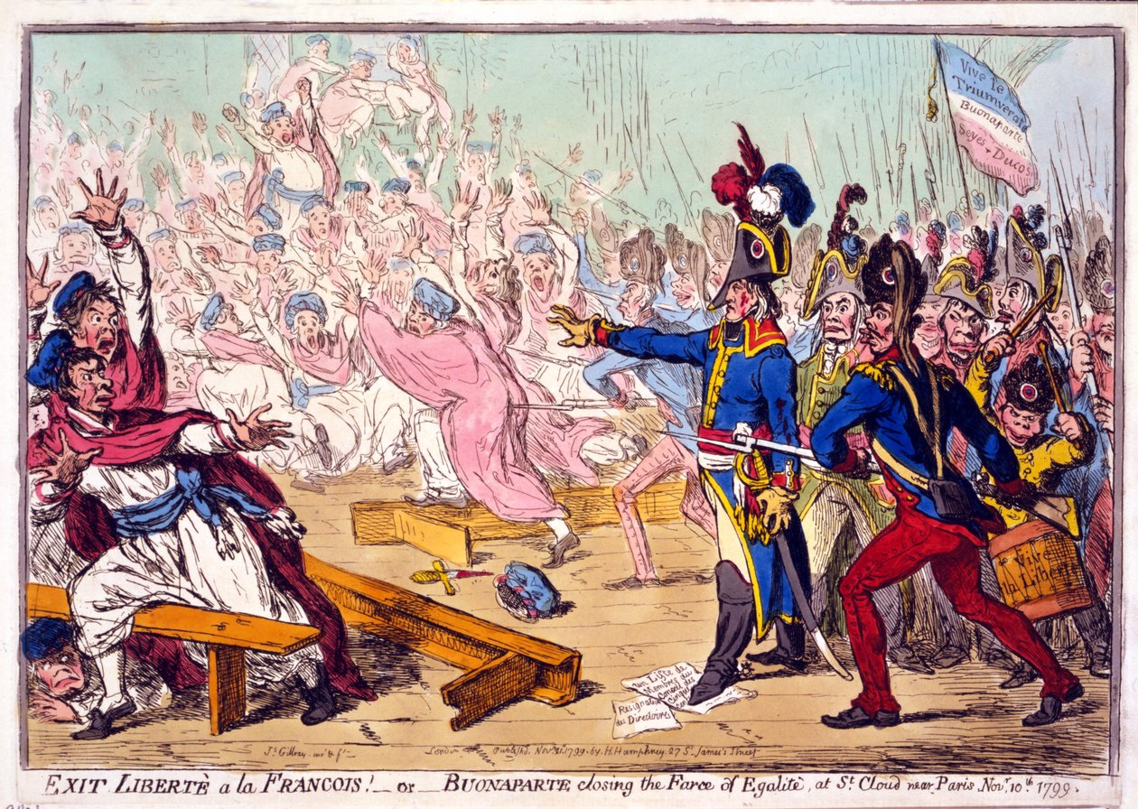 Afslut Libertè a la Francois! eller Buonaparte, der lukker Farce of Egalité, ved St. Cloud nær Paris 10. november 1799, pub. 1799 (håndfarvet gravering) af James Gillray