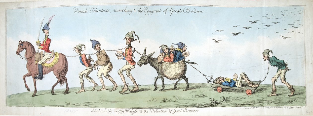 Franske frivillige, der marcherer til erobringen af Storbritannien, udgivet af Hannah Humphrey i 1799 (håndfarvet radering) af James Gillray