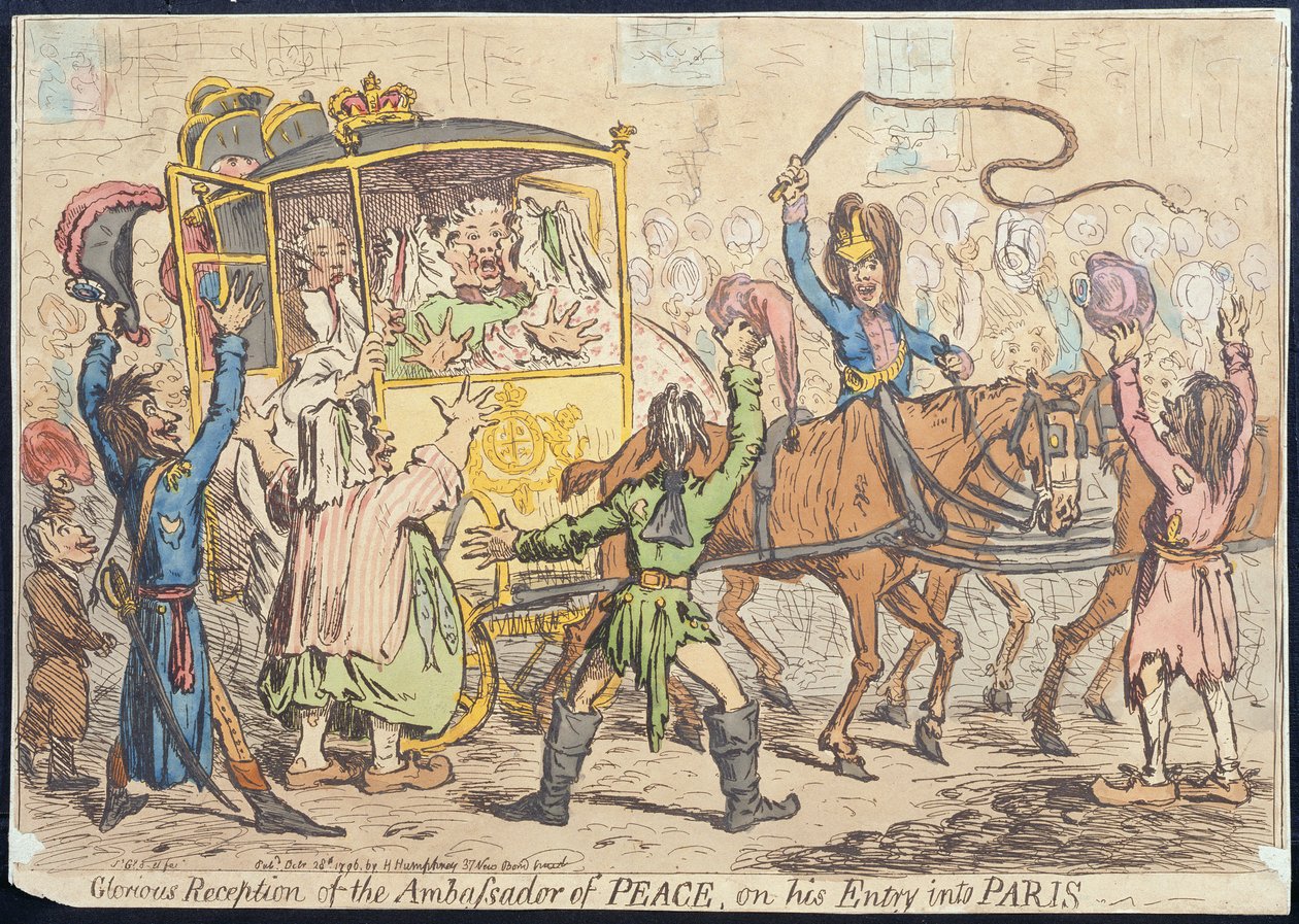 Glorværdig modtagelse af fredens ambassadør ved hans indtog i Paris, udgivet af Hannah Humphrey i 1796 (håndfarvet radering) af James Gillray