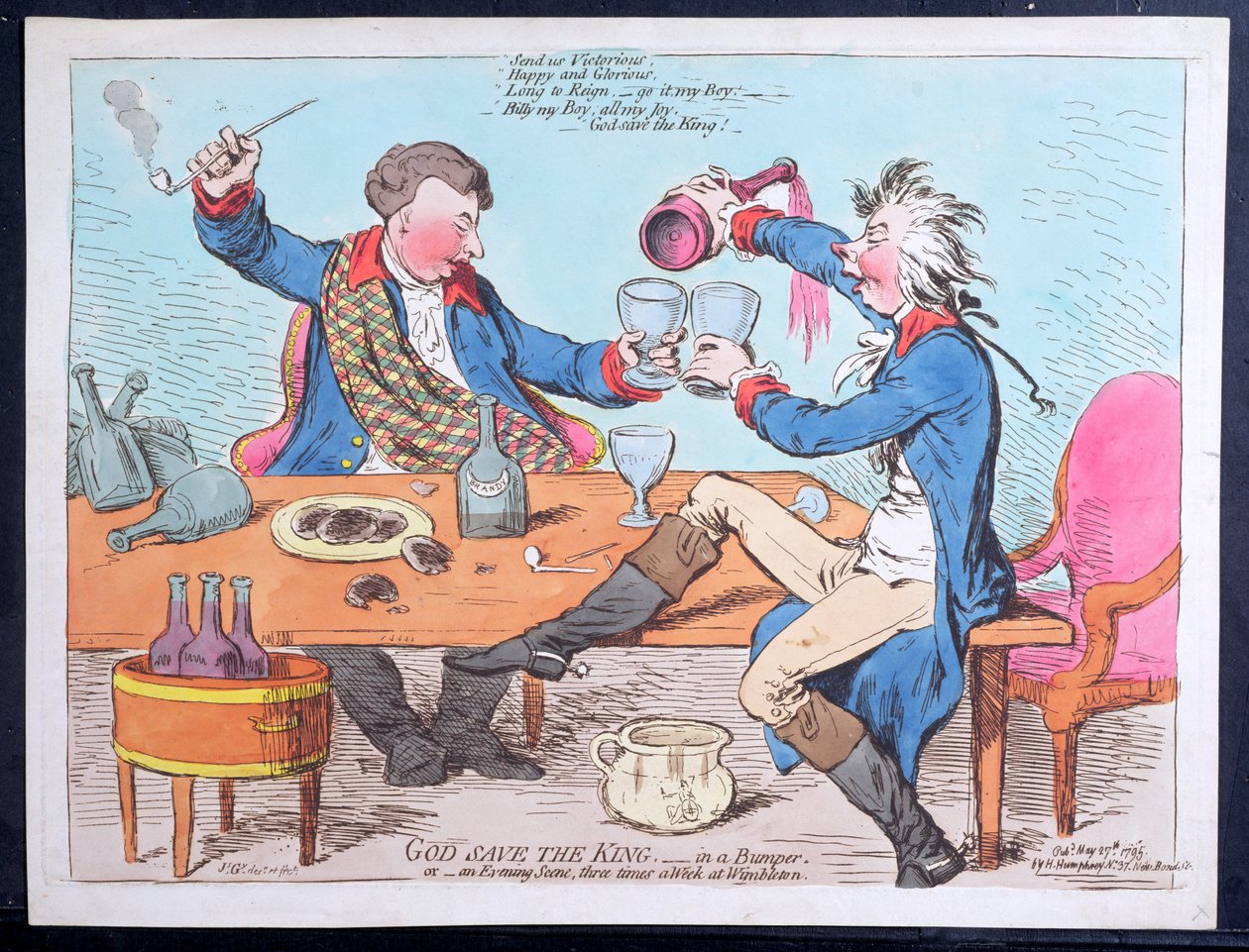 God Save the King - i en kofanger eller en aftenscene tre gange om ugen i Wimbleton, udgivet af Hannah Humphrey i 1795 (håndfarvet radering) af James Gillray