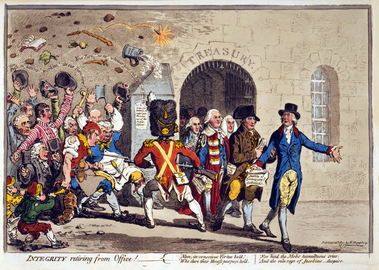 Integritet trækker sig tilbage fra Office!, pub. 1801 (håndfarvet gravering) af James Gillray