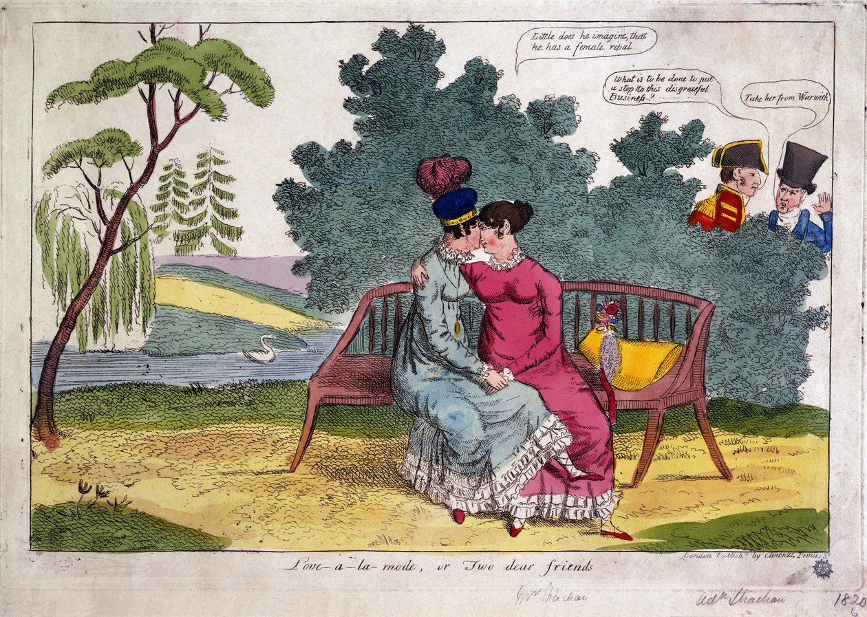Lady Strachan og Lady Warwick elsker i en park, mens deres ægtemænd ser misbilligende på af James Gillray