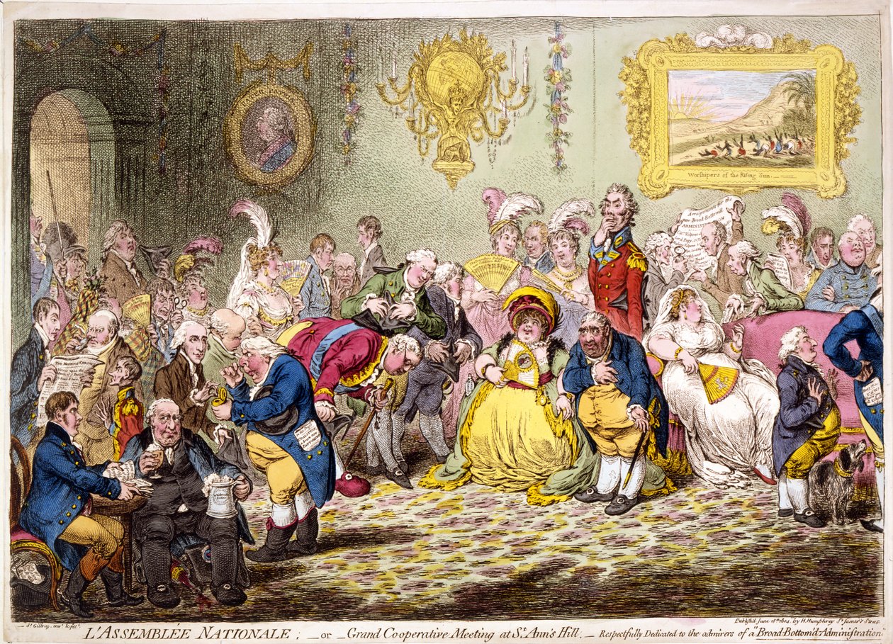 Lassemblée nationale: - eller - storslået samarbejdsmøde på St. Anns Hill, pub. 1804 (håndfarvet gravering) af James Gillray