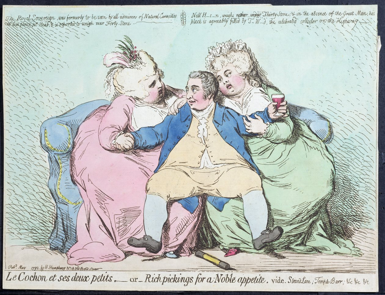 Le Cochon et ses Deux Petits, eller Rich Pickings for a Noble Apetite, udgivet af Hannah Humphrey i 1792 (håndfarvet radering) af James Gillray